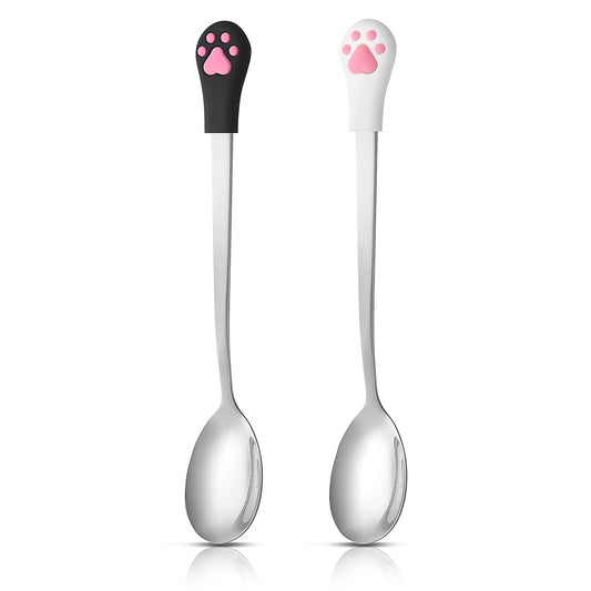 Sibba 2 Pcs Stainless Steel Pet Feeding Spoon, Silicone Cat-Scratch Pattern, Portable Scoop for Canned Dog & Cat Food, Coffee, Tea, Dessert (Silver)