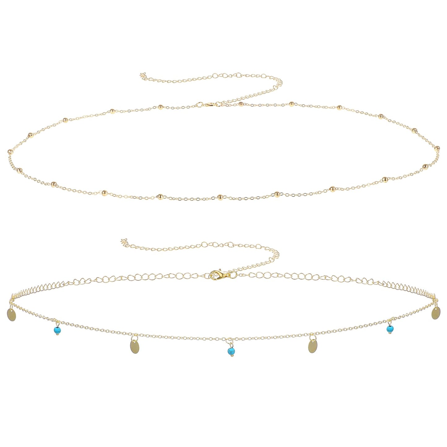 COMNICO 2Pcs Gold Belt Chain, Gold Waist Chain Layered BellyChain Adjustable Metal Link BodyChain Belt Waterproof BeadsChain CoinChain Jewelry Gifts for Women (Round turquoise)