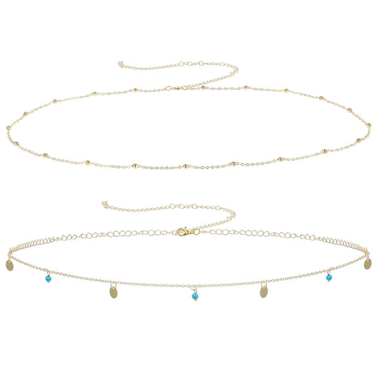 COMNICO 2Pcs Gold Belt Chain, Gold Waist Chain Layered BellyChain Adjustable Metal Link BodyChain Belt Waterproof BeadsChain CoinChain Jewelry Gifts for Women (Round turquoise)