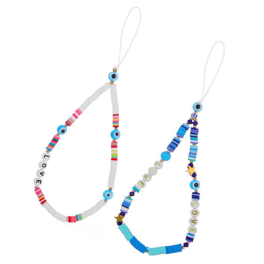 Sibba 2Pcs Beaded Phone Lanyard Evil Eye Colorful Phone Charms Love Star Clay Beads Wrist Strap Acrylic Beads Cell Phone Decor Accessory Chains Kawaii Girl Women Keychain Bracelet