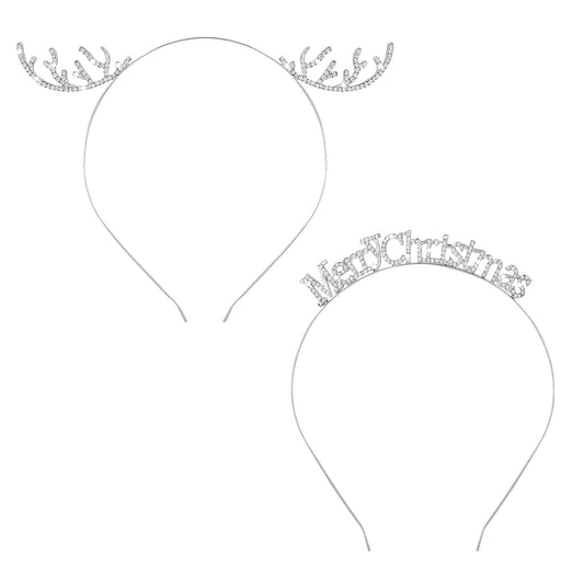 Sibba 2PCS Christmas Headbands Set, Merry Christmas Headbands Cute Reindeer Antler Hairbands Xmas Rhinestone Hairbands Shinny Crystal Merry Christmas Crown Hair Hoop Holiday Party Tiara Headpiece