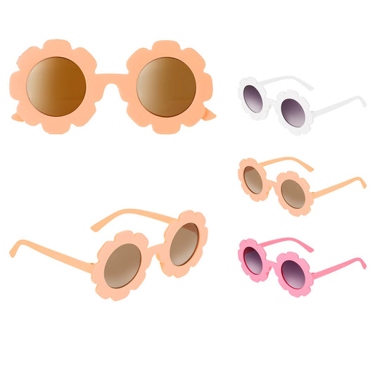 Sibba 3 Pieces Round Flower Sunglasses For Kids Girls Boys Toddler Baby Cute Glasses Kit Vibrant Colorful Eyewear Junior Children Outdoor Beach Holiday Party Favors Gifts (Beige/Pink/White)