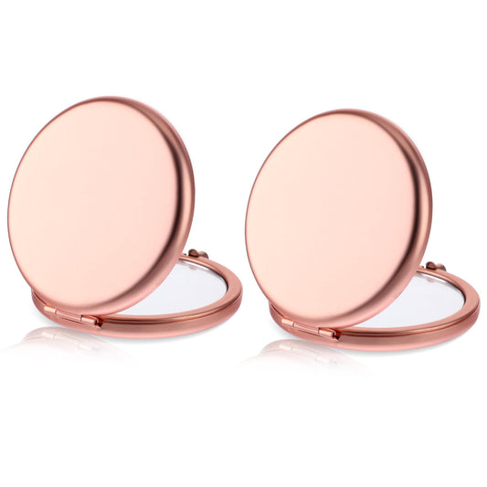 Dimeho 2 Pcs Compact Folding Mirror Round Makeup Mirror Magnifying Portable Mini Cosmetic Mirror Travel Fold Metal Double-sided Cute Vanity Mirror for Office Home Handbag Purse(rose-gold)