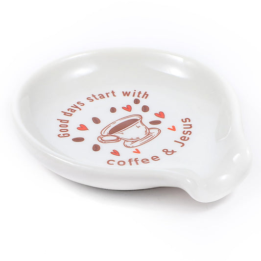 Wanmu Coffee Spoon Holder, Funny Ceramic Rests with Coffee Quote, Coffee Station Decor Coffee Bar Accessories, Mini Spoon Holder for Stove Top Countertop Small Teaspoon Rest, Porcelain Spoon