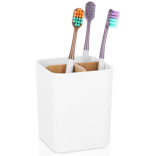 COMNICO 3 Slot Toothbrush Holders with Bamboo Divider Plastic Anti-Slip Tooth Brush Caddy Storage Cup Drainage, Family Bathroom Countertop Organizers (White)