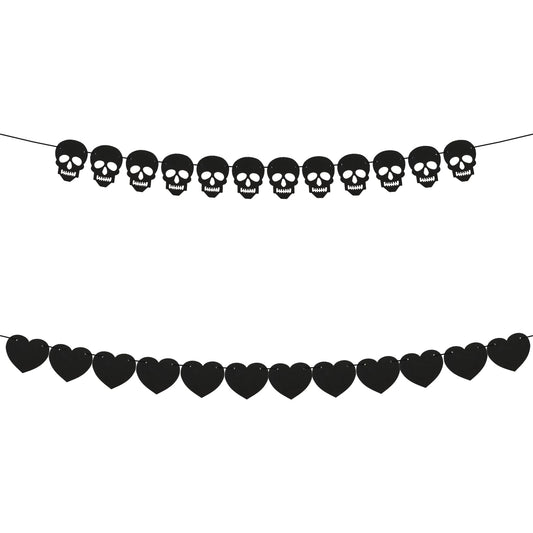 2 Set Gothic Garland Banner Black Heart Skull Felt Decor for Birthday Halloween Goth Wedding DIY Home Bachelorette Party Farewell Shower Decorations Indoor Outdoor