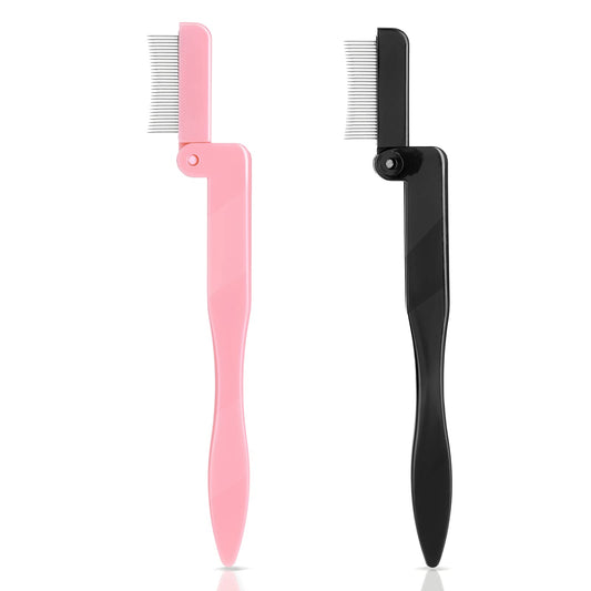 Sibba Folding Eyelash Comb 2 PCS Metal Teeth Eyelashes Separator Curler Steel Eyebrow Mascara Brush Lash Comb Cosmetic Brushes Makeup Grooming Tools (Black & Pink)