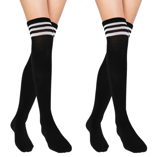 Sibba 2 Pairs Knee High Socks Black Stripes Thigh High Socks for Women Girls, Over The Knee Thigh High Socks Long Socks Stockings for Daily Wear Cosplay Party Halloween