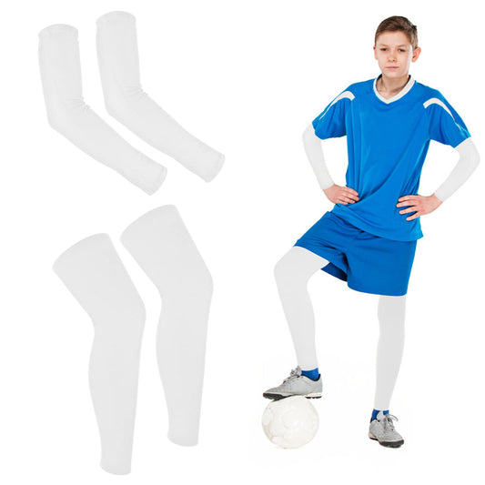 Sibba 2 Pairs Compression Leg Sleeve Arm Sleeve, Full Length Arm Sleeves Leg Sleeves for Kids, Compression Sports Sleeve for Running Baseball Cycling Basketball (White)