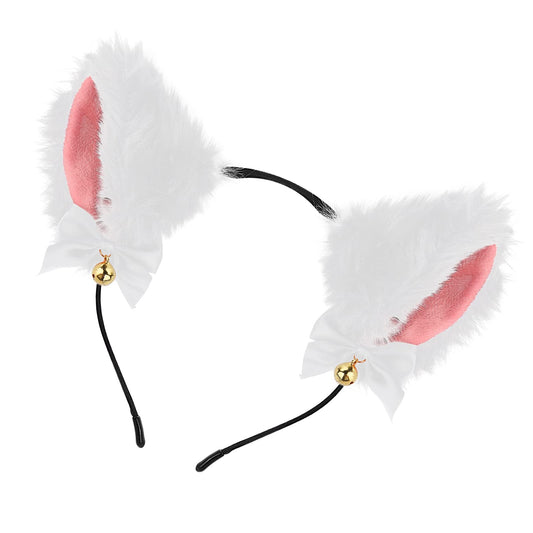 Sibba Christmas Decor Cat Ears Headband with Bells Kawaii Plush Furry Fox Ear Hair Hoop Headwear Hair Band For Women Girls Valentines Cosplay Hairband Easter Party Costume Hair Accessories (White)