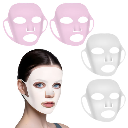 COMNICO 4pcs Reusable Silicone Facial Mask, Moisturizing Skin Mask Cover 3D Face Wrap Holder Prevent Evaporation Falling Ear-Hook Loops Skincare Beauty Spa Tool (Transparent+Pink)
