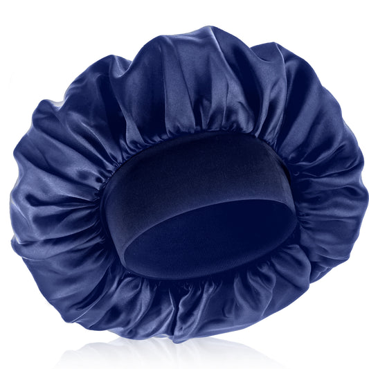 COMNICO Bonnet for Men, Silk Satin Sleep Cap Single Layer Elastic Band Stretchy Tie Band Wide Adjustable Hair Cap Large Silk Bonnets for Women Curly Hair Sleeping Black (Navy Blue)