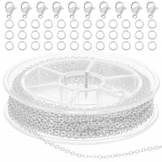 Wanmu 16ft Stainless Steel Silver Chain for Jewelry Making, Necklace Charm Bracelet Link Cable Chains Roll with 10 Lobster Clasps and 30 Jump Rings for Men Women DIY Craft Accessories - 1.5MM