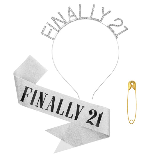 Dimeho 21st Birthday Sash and Crown, Finally 21st Birthday Rhinestone Tiara and Sash Set for Women Happy 21st Birthday Decorations 21st Birthday Gifts for Her Birthday Party Favor Supplies(Silver)