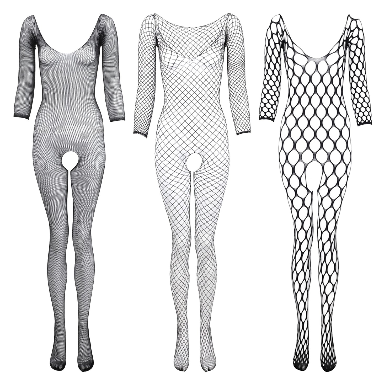 Gsbnjuy 3Pcs Womens Fishnet Bodysuit, Rave Outfits, Backless Bodystocking Sexy Tights Soft Nightwear Lingerie Long Sleeve Full Body Bodysuits Jumpsuit One Size (Black)