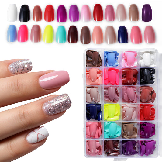 Dimeho 576 Pcs Coffin Press on Nails, Short Coffin Fake Nails Full Cover Colored Acrylic False Nails Tip Medium Square Ballerina Artificial Fingernails Glossy Solid Color Press on Nails (24 Color)