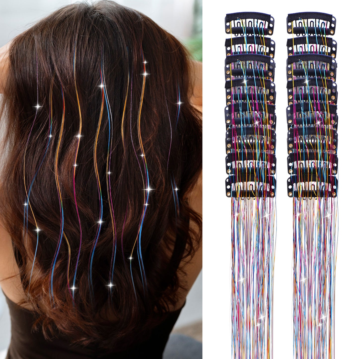 Wanmu 24 Pcs Hair Tinsel Kit, 12.8 Inch Colorful Glitter Tinsel Extensions, Fairy Clip in Rainbow Hair Accessories for Kids Girls Women Christmas New Year Halloween Party