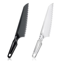 2 Pcs Plastic Vegetable Knife, Serrated Edge Pizza Cutter with Non-Slip Handle, Nylon Knives to Prevent Browning, Dishwasher Safe Kitchen Utensils, Perfect for Fruits Bread Cake Salad (Black, White)