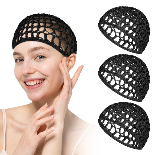 Sibba 3PCS Hair Net Wrap for Sleep Women Sleeping Cap Drying Hair Hairnets Crochet Braided Satin Black Snoods Soft Reusable Hair Cover Accessory Long Wig Bonnet for Head Shower Cover Ornament