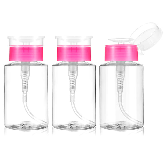 Dimeho 180ml Nail Polish Remover Pump Bottle Dispenser 3Pcs Push Down Empty Pump Dispenser Bottle Lockable Clear Makeup Acetone Containers for Alcohol Face Toner Nail Polish Makeup Remover(Pink)