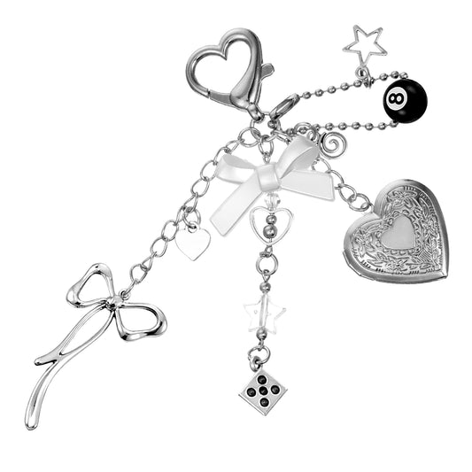 Sibba Cute Heart Locket Keychain, Black 8 Ball Dice Keychain, Silver Handbags Charm Y2K Aesthetic Key Chain, Exquisite Photo Purse Backpack Accessories for Women
