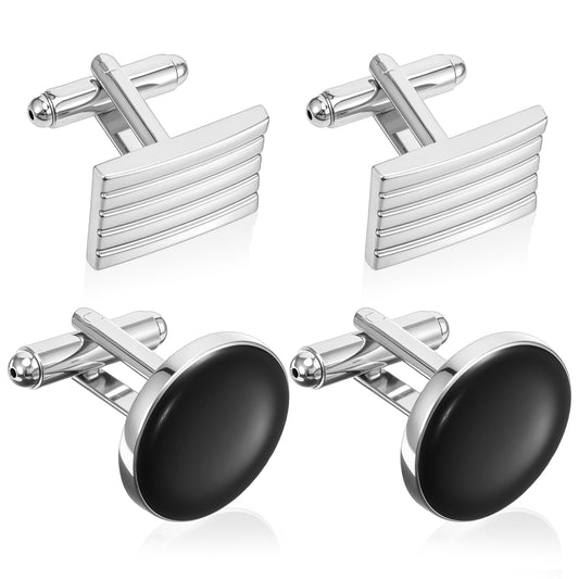 Sibba Mens Cufflinks 4 PCS Silver Cuff Links for Men Zinc Alloy Cufflinks Set Classic Groom CuffLink for Wedding Business Formal Suit Shirt Classic Round & Square Design Tuxedo Studs Set Gift for Him