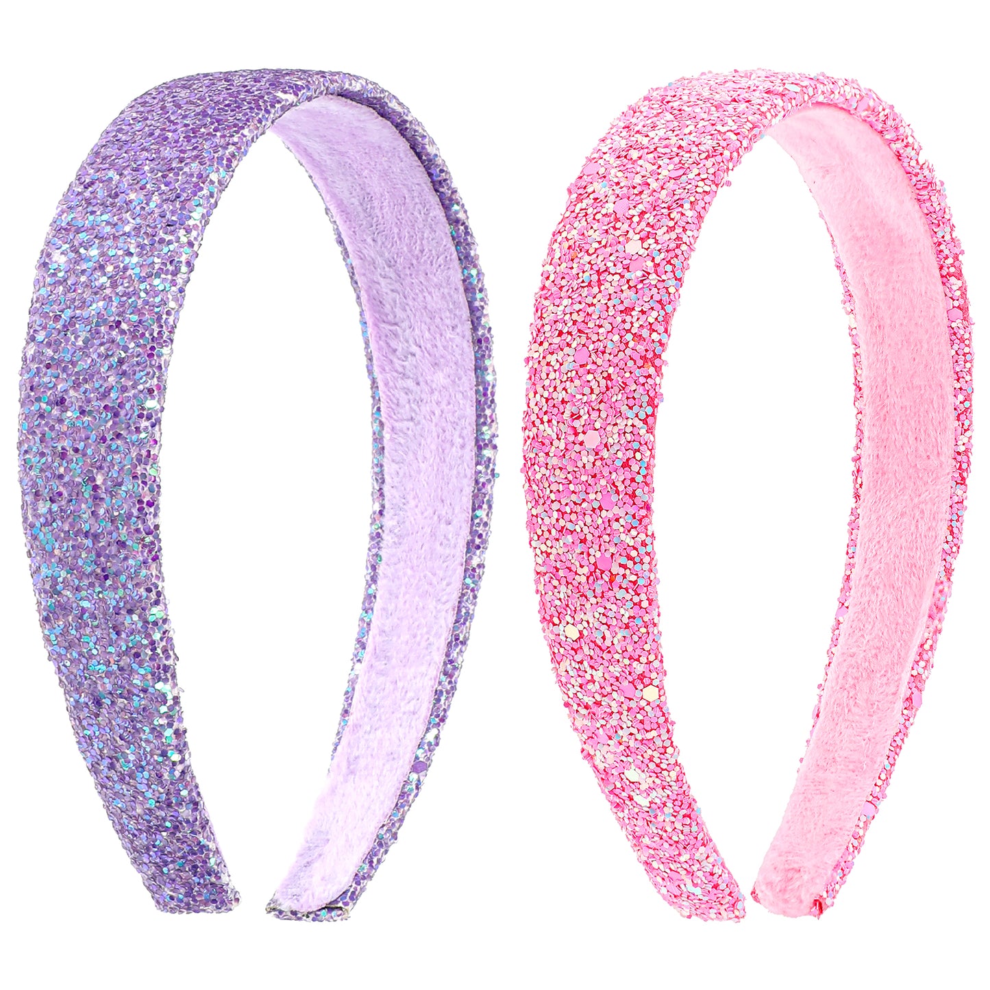 COMNICO 2 PCS Glitter Headbands for Girls, Cute Sparkly Wide Thick Head Bands Bling Non Slip Hairband Rainbow Sequin Little Girl Hair Accessories for Children Kids Women (Pink + Purple)