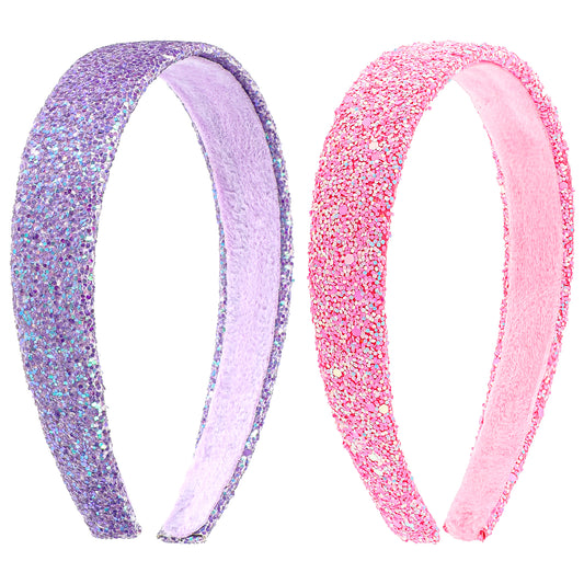 COMNICO 2 PCS Glitter Headbands for Girls, Cute Sparkly Wide Thick Head Bands Bling Non Slip Hairband Rainbow Sequin Little Girl Hair Accessories for Children Kids Women (Pink + Purple)
