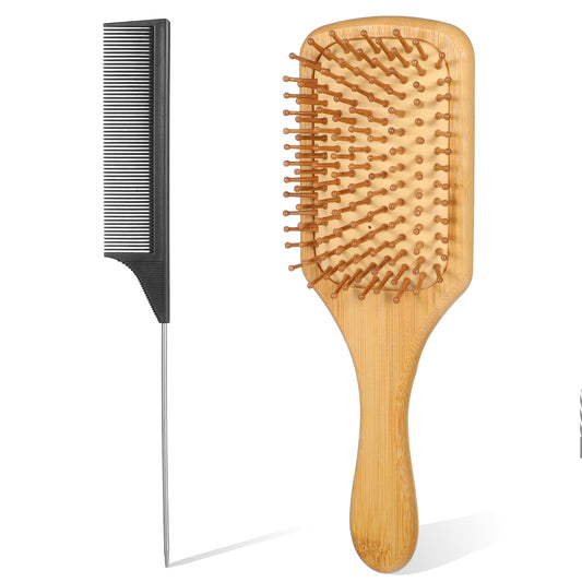 Sibba Bamboo Hair Brush and Detangle Tail Comb, Natural Wooden Scalp Massage Brush with Wooden Handle and Bamboo Bristles, Paddle Hairbrush for Women Men All Hairs Types & Hair Growth