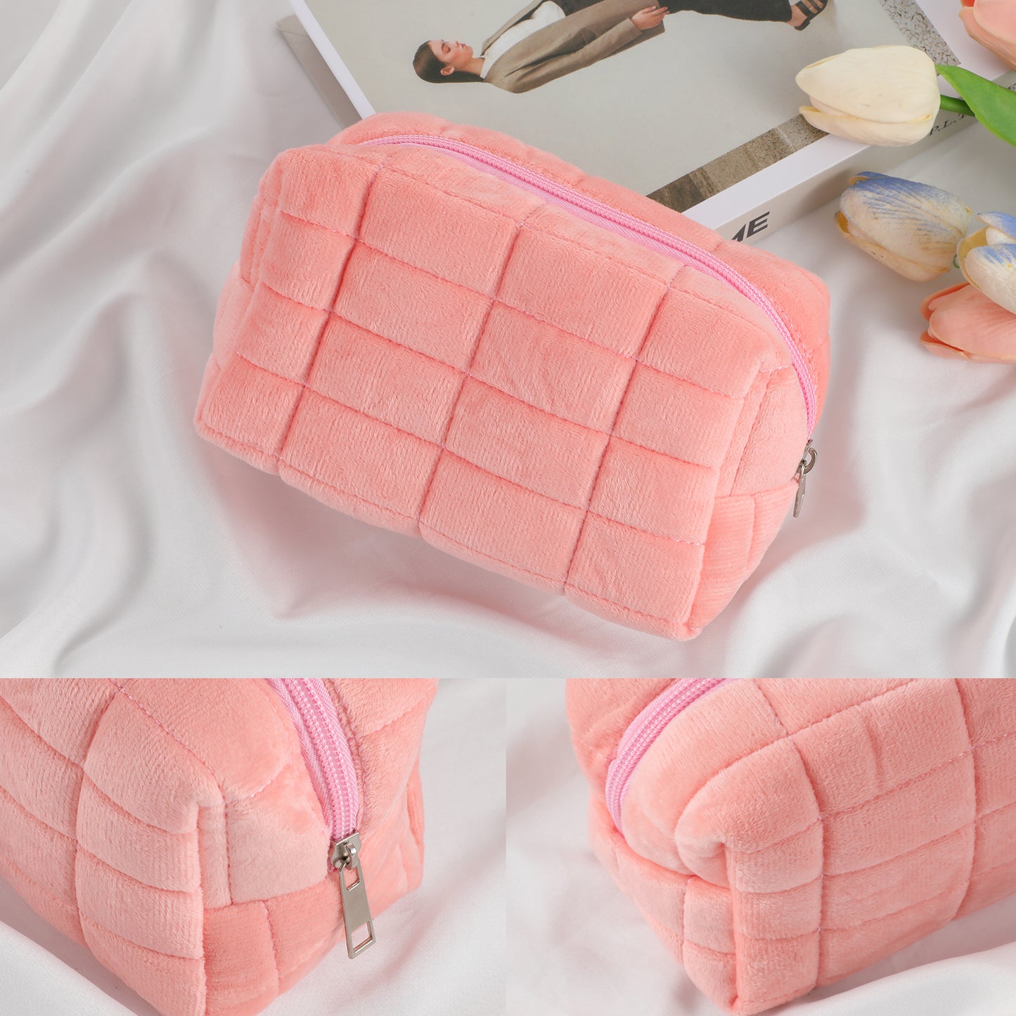 Sibba Puffy Pencil Pouch 2 PCS Zipper Cosmetic Bag Kit Toiletries Handbag Cute Plush Makeup Bags Aesthetic Purse Travel Accessory Beauty Brushes Storage Cases School Office Belonging Organizer(Pink)