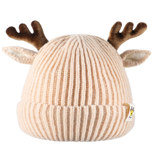 COMNICO Winter Hat for Kids, Antlers Reindeer Crochet Knitted Baby Beanie Hat Christmas Hat Warmer Cap for Baby Toddler Girl Khaki