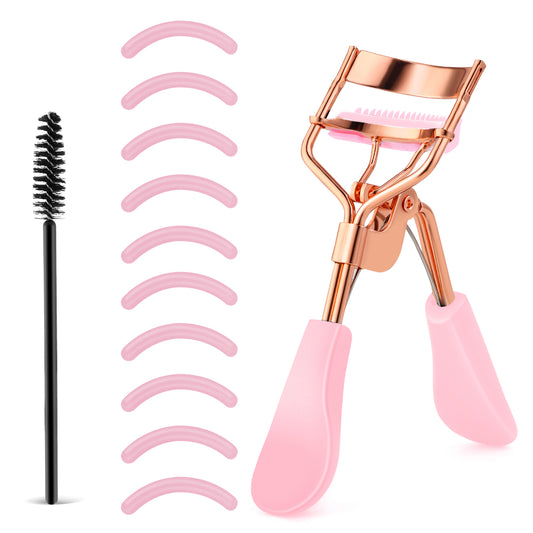 Beauty Eyelash Curler Stainless Steel Eye Lash Curler with 10 Silicone Refill Pads Professional Makeup Tool with Built-in Comb for Women Girls Any Eye Shapes