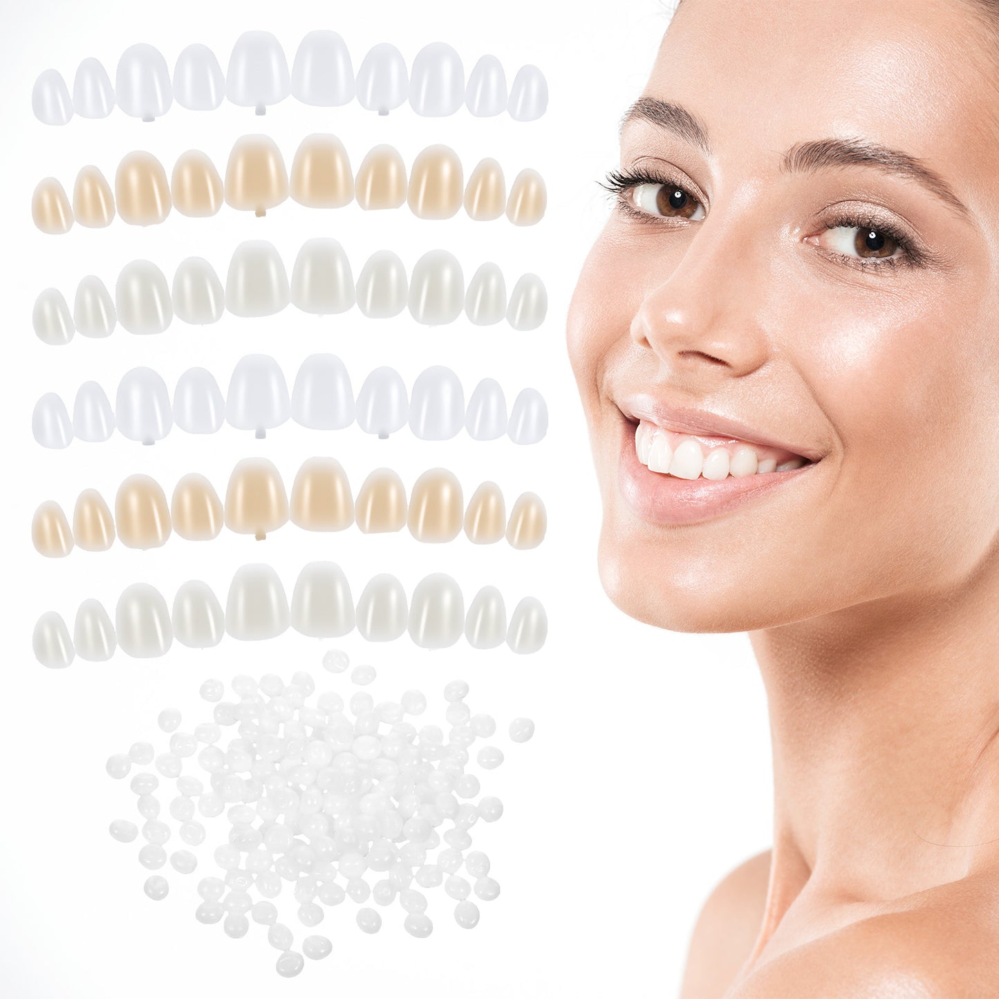 Tooth Repair Kit, Moldable Thermal Beads Replacement Kit, Temporary Natural Shade for Filling The Gap, Replace The Missing or Broken Tooth, Fake Teeth Replacement Kits - 6PCS (White & Khaki)