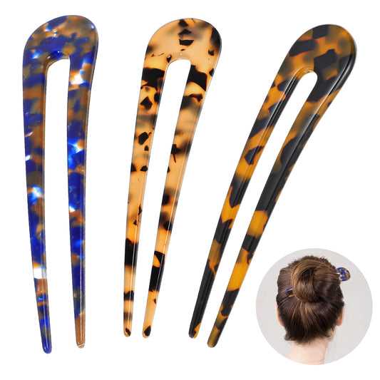 Sibba Hair Forks 3Pcs Tortoise Shell U Shape Updo Hair Pins Clips Leopard Print Hairpin Classic Chignon Pin Acetate Hairpins Disk Vintage Bun Hair Chopsticks for Women Party Stylist