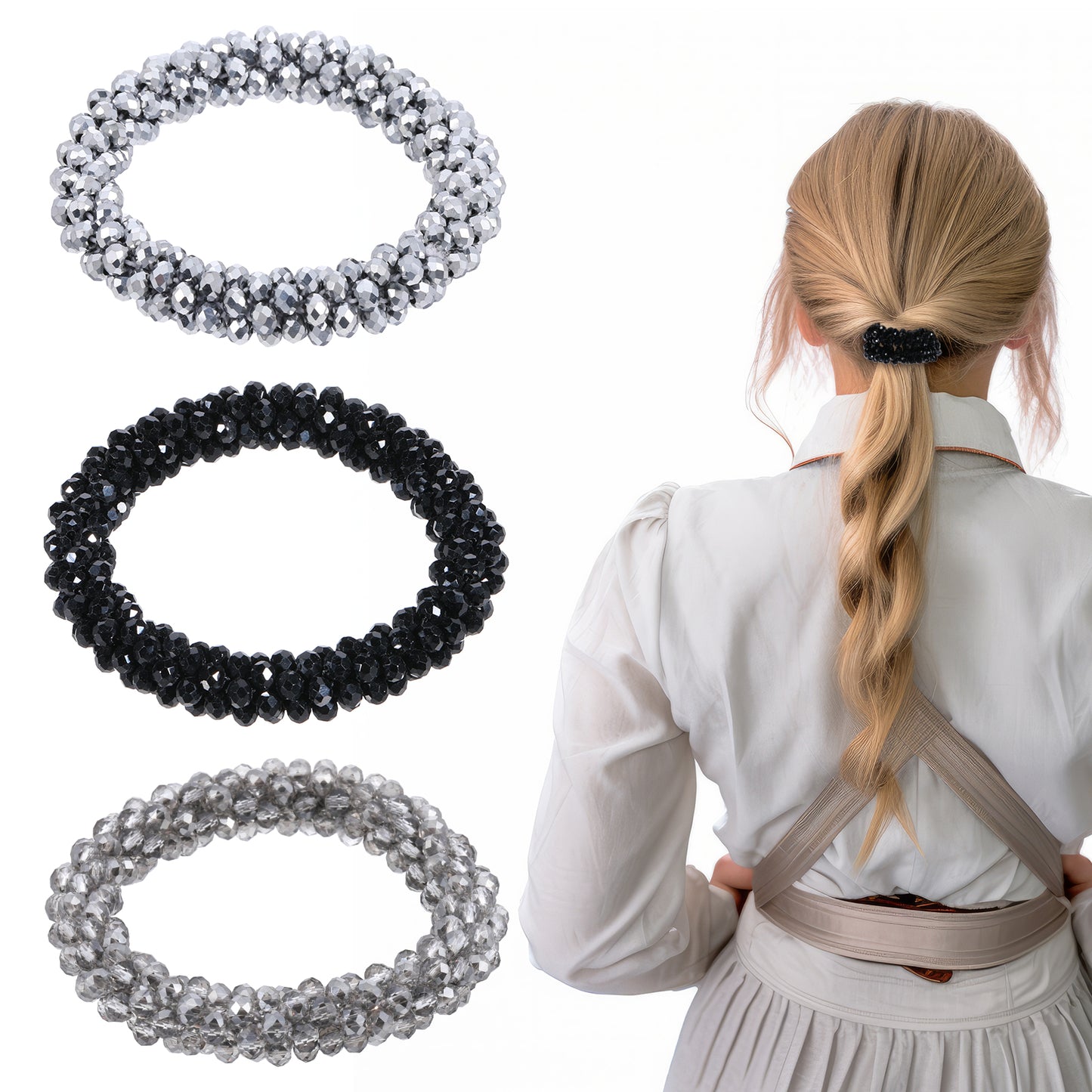 3pcs Rhinestone Hair Ties Elastic Ponytail Holder Sparkly Crystal Hair Scrunchies Beaded Set Decorative Bling Fancy Hair Bands Glitter Pretty Stretchy Hair Accessories for Women Girls Thick Hair