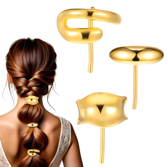 Wanmu 3 Pcs Gold Hair Cuffs, 1 Inch Metal Ponytail Cuff, Fashion Glossy Hair Tie Gold Hair Clips Ponytail Holder, Decorative Barrettes for Women Hair Accessories