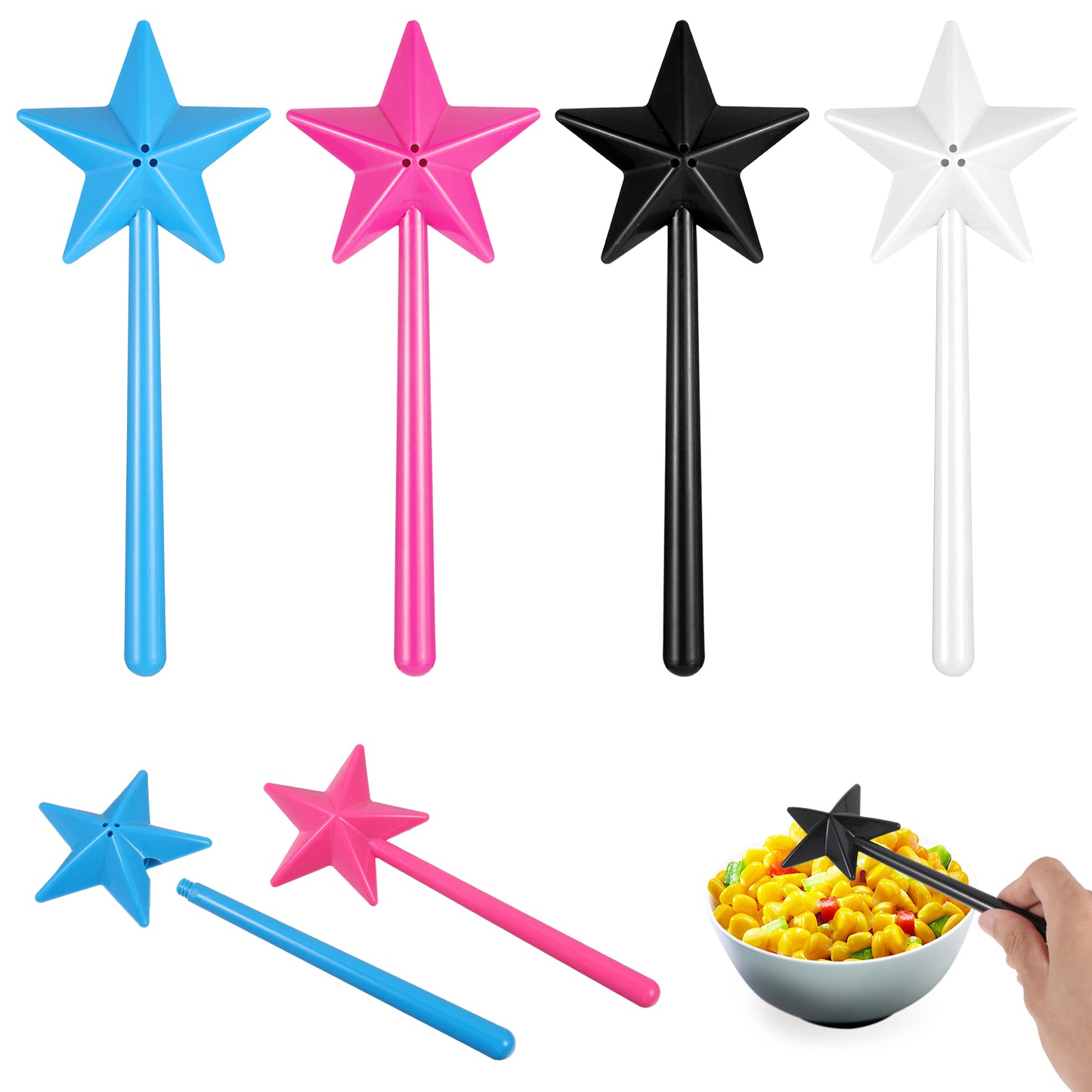 Sibba Pepper Shakers Sets 4 Pcs Fairy Wand Star Shape Salt Dispenser Refillable Container with Holes Removable Light One Hand Operation Flavoring Organizer Kitchen Utensils Dispense Gadgets