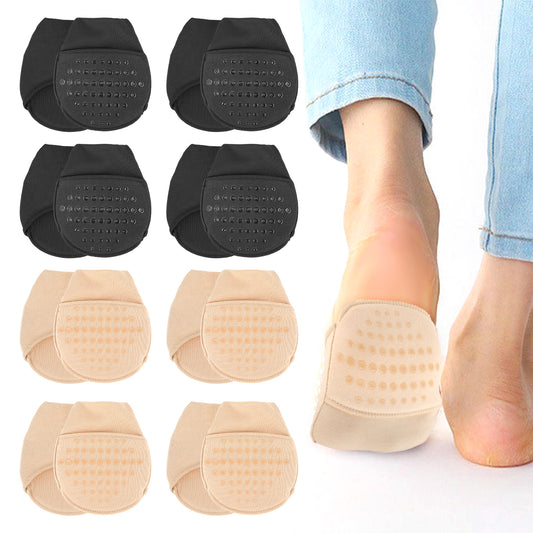 Wanmu 8 Pairs Ball of Foot Cushion Socks, Reusable Toe Topper Liner Socks, Non-Slip Hidden Toe Covers, Half Forefoot Sock Fit Any Shoe, Prevent Blisters Calluses (Black & Skin)