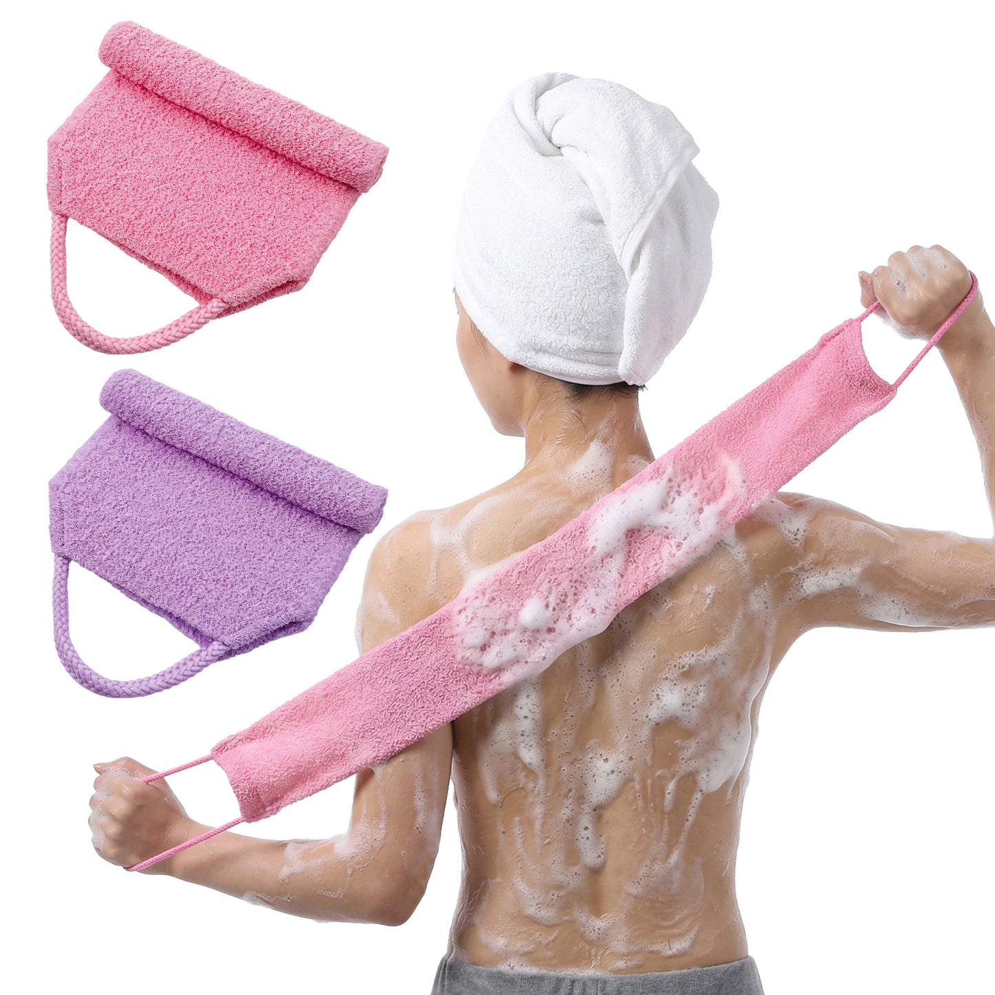 2Pcs Exfoliating Bath Towel, Double-Sided Back Exfoliator Body Scrub Towel, Exfoliator Bath Scrubber with Handles, Exfoliating Washcloth Pull Strap, Stretchable Back Washer for Shower for Women Men