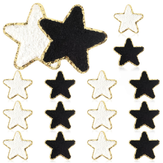 16 Pcs Golden Edges Star Patches Iron On Patch, Chenille Embroidery Patches Self-Adhesive Bolt Patch DIY Decor Patches Small Star Fabric Stickers for Clothing Jeans Jackets Backpacks Hats Shirts