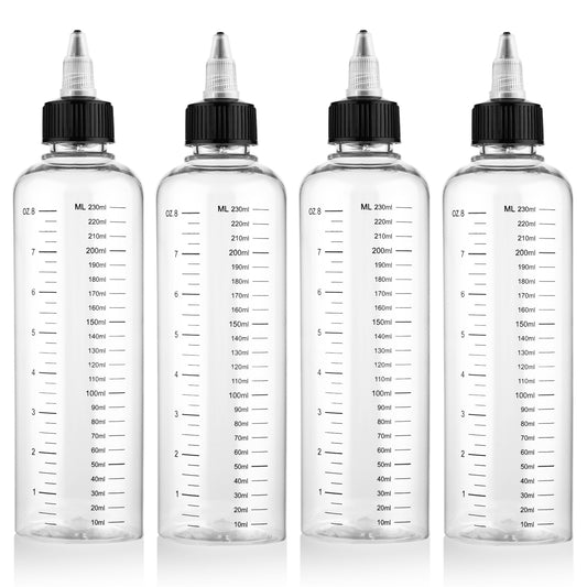 COMNICO 4 Pack Applicator Bottle for Hair, 8.5oz Soft Squeeze Empty Oil Dispenser Hair Color Applicator Root Hair Dye PET Plastic Refillable Bottles for Salon Sylist with Graduated Scale and Twist Top