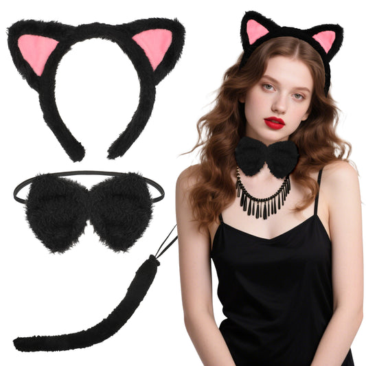 COMNICO Cat Ears Headband Set With Bow Tie and Tail, Black Soft Plush Fuzzy Kitten Hair Head Band for Women Halloween Carnival Anime Cosplay Party Costume Makeup Photo Props