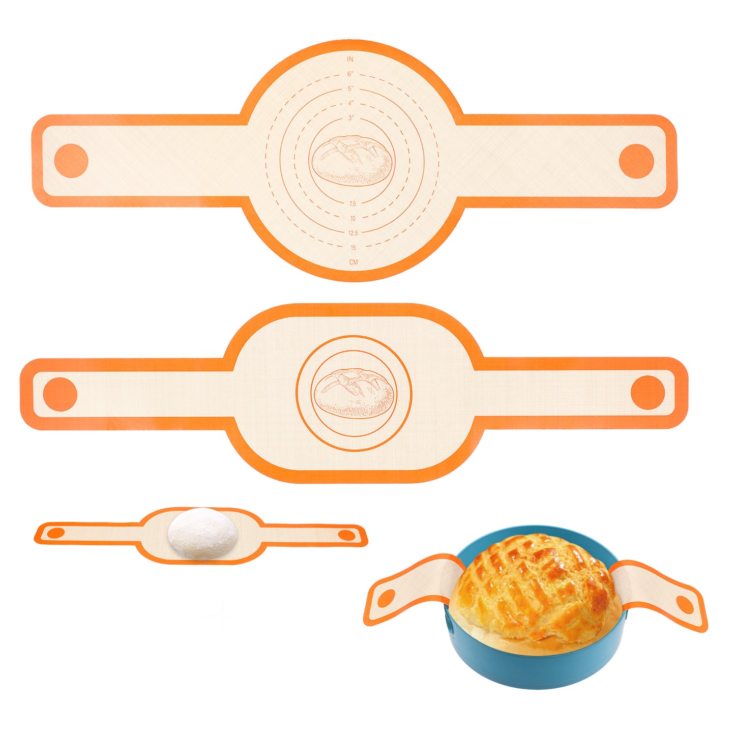 Dimeho 2 Pcs Silicone Bread Sling Oval and Round for Dutch Oven Non-Stick & Easy Clean Reusable Bread Baking Mat Set with Long Handles Transfer Sourdough Mat Tools Supplier Liner (Orange)