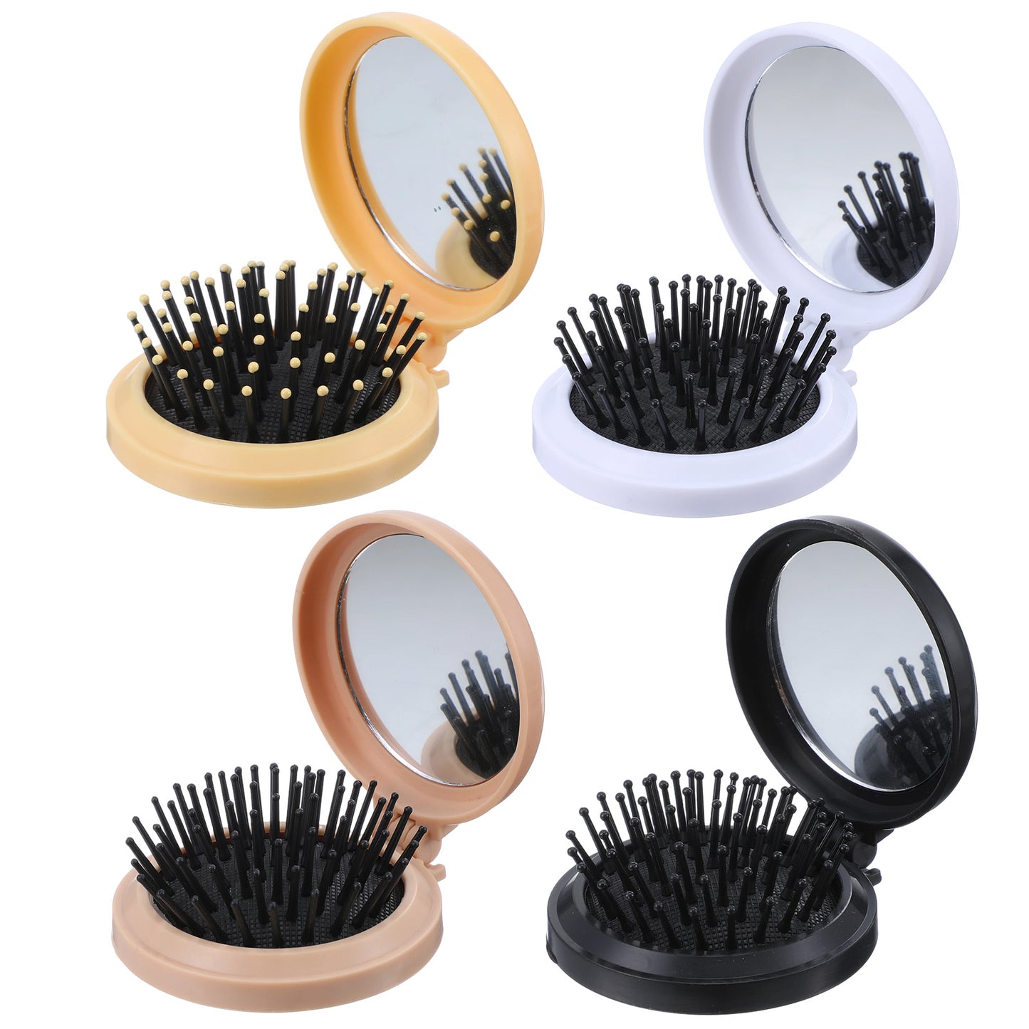 Wanmu 4 Pcs Folding Travel Mirror Hair Brushes, Mini Round Pop up Pocket Brush, Portable Compact Travel Hair Massage Comb for Women Girls Wet and Dry Hair (Yellow, Coffee, Black, White)