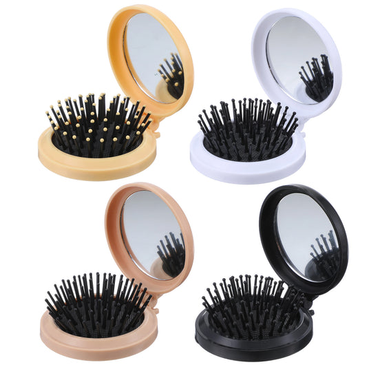 Wanmu 4 Pcs Folding Travel Mirror Hair Brushes, Mini Round Pop up Pocket Brush, Portable Compact Travel Hair Massage Comb for Women Girls Wet and Dry Hair (Yellow, Coffee, Black, White)