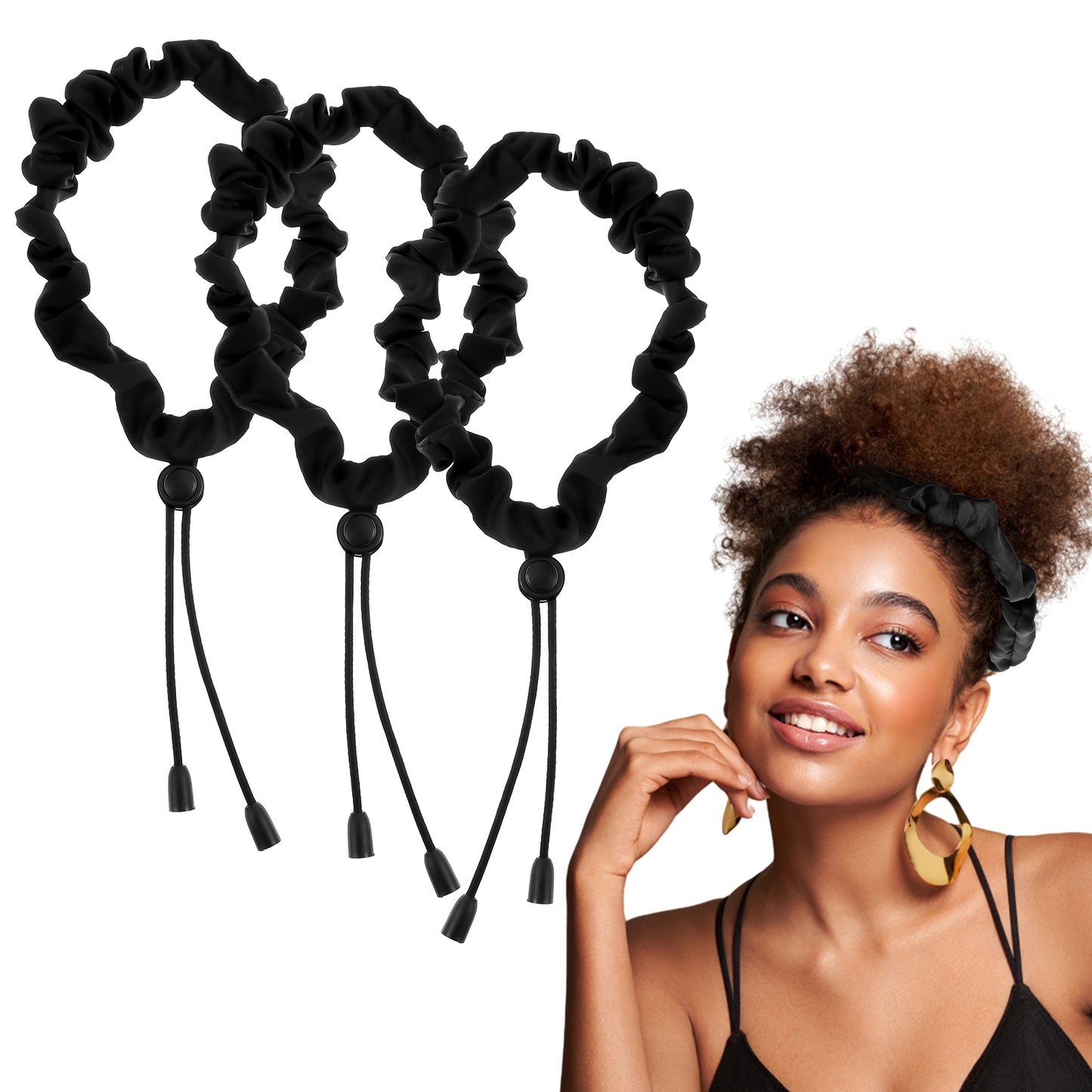 3 Pcs Black Hair Scrunchies Adjustable Curly Ponytails Tie Elasticity Soft Satin Cuff Bands Invisible Silk Hairytie Holder for Hair Styling Thick Curls Braids Women Hairstyle Headpiece