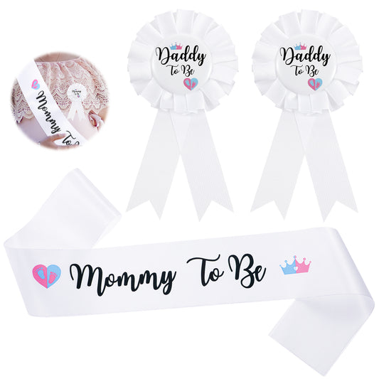 Wanmu 3Pcs Gender Reveal Decorations Sash and Tinplate Badge Mommy to Be and Daddy to Be Baby Shower, Mommy Sash and Daddy to Be Tinplate Badge Decorations for Pregnant Keepsake Gifts