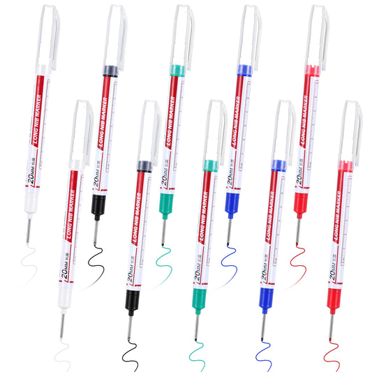 Wanmu 10Pcs Long Head Deep Hole Marker 20mm Waterproof Long Nib Marking Tool Multi-Purpose Deep Drill Long Nose Quick-Dry Markers for Construction Bathroom Woodworking
