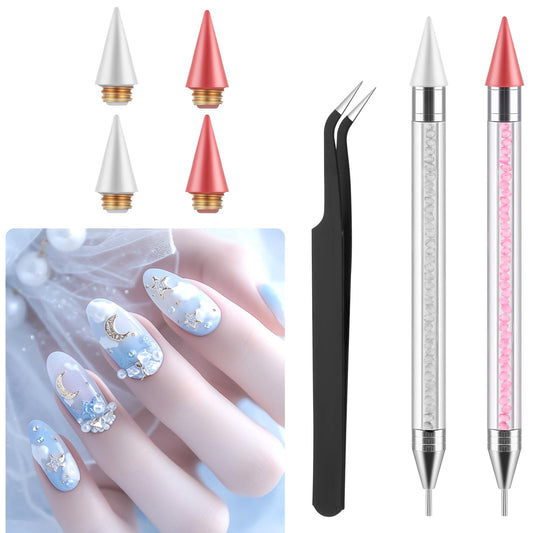 COMNICO Nail Art Brushes Set, Rhinestone Applicator Tool DIY Nail Dotting Tools Gel Polish Nail Cleaning Brush Dual-Ended Nail Design Painting Pen with 4 Wax Tips and 1 Tweezer