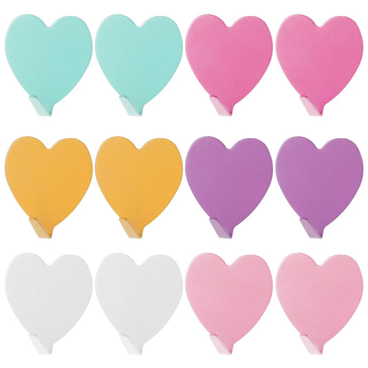Wanmu Heart Shaped Decorative Wall Hooks, 12 Pcs Cute Wall Hooks, Stainless Steel Strong Adhesive Wall Hook, Adhesive Hooks for Shower for Kitchen, Home, Bathroom (Multicolor)